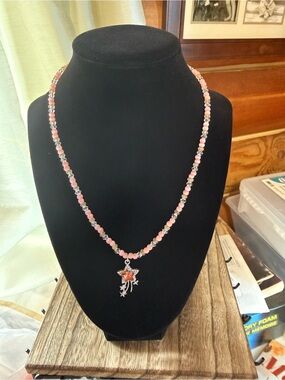 Delicate Pink Beaded Star Pendant Necklace - Unbranded